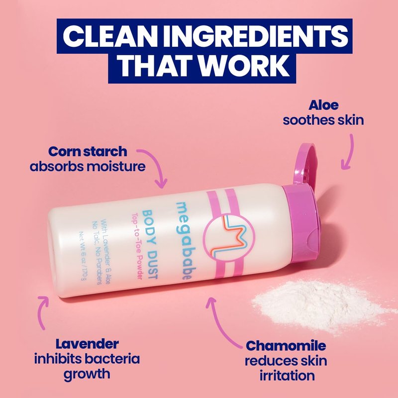 Megababe Sweat Absorbing Body Powder - Body Dust | Hot Weather Essential | with Lavender & Aloe | Talc-Free, All Natural | 6 oz (Pack of 1)