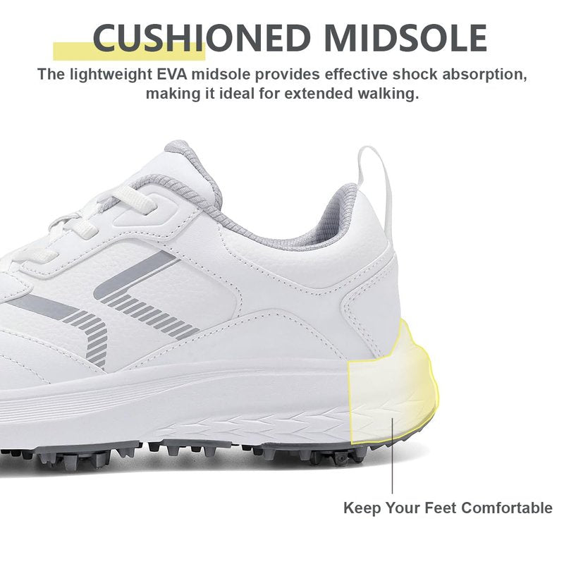DARIBOM Mens Golf Shoes Spiked Non Slip Waterproof Golf Sneakers with Leather Upper Size 10.5(White)