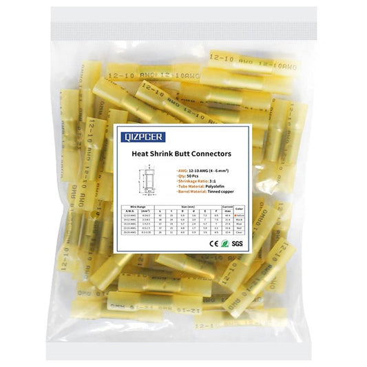 Heat Shrink Butt Connectors, 12-10 AWG 50 Pcs Yellow Waterproof Crimp Terminals Electrical Wire Connectors Splice for Marine, Cable, Wiring