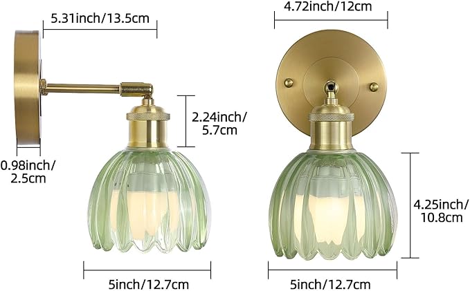 Vintage Battery Operated Wireless Wall Sconces, Rechargeable Gold Wall Lights，Green Tulip Glass Lampshad With Remote Dimmable Wall Lighting Indoor, Led Wall Lamp Fixtures For Bedroom, Living Room