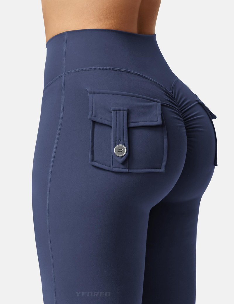 YEOREO CoreFlex Flare Leggings with Pockets for Women Scrunch Workout Leggings Butt Lifting Gym Yoga Pants Navy Blue