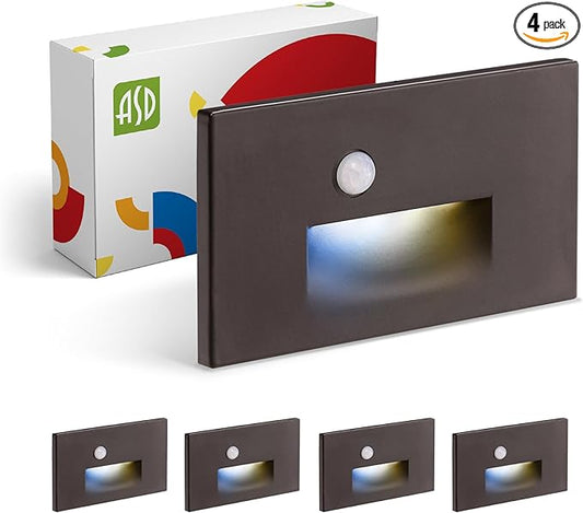ASD LED Recessed Step Light Fixture, Outdoor & Indoor Tread Lighting | 3CCT, Motion Sensor, Waterproof, ETL Listed | 3W 120LM 3000K-5000K 120V | Staircase Hardwired Illumination | Dark Bronze, 4 Pack