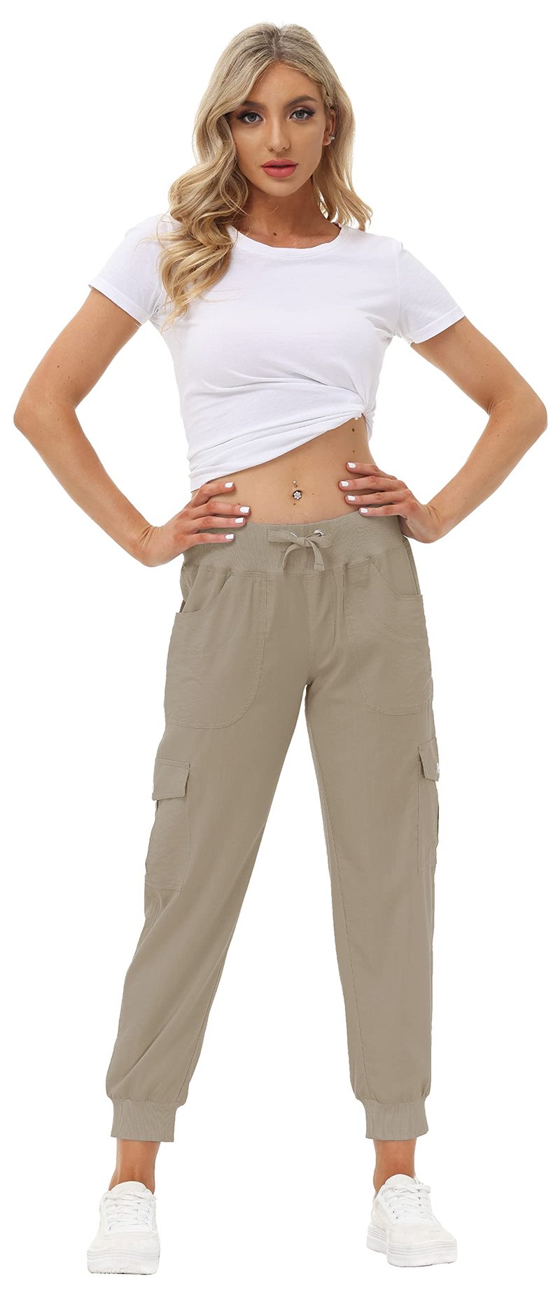 MoFiz Women's Cargo Pants Hiking Joggers Summer Lightweight Quick Dry Athletic Outdoor Sports Sweatpants Travel Casual Button Pockets Khaki L