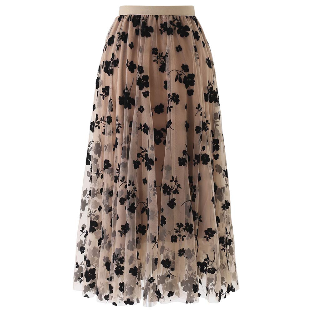 CHICWISH Women's Caramel 3D Posy Double-Layered Mesh Midi Skirt, Size S-M