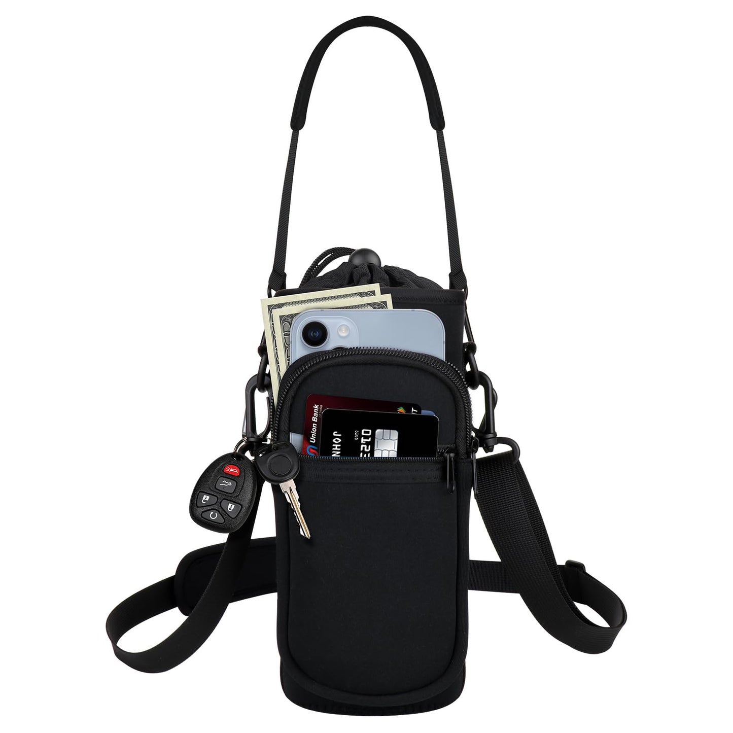 Bstge Water Bottle Holder with Strap, Water Bottle Carrier Bag with Phone Pocket, Shoulder Hand Strap Insulated Neoprene 32 oz Water Bottle Sleeve for Walking Hiking Camping Gym(black)