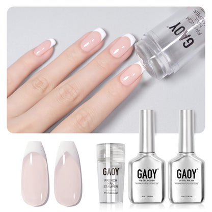 GAOY French Manicure Kit, Nail Stamper and 2Pcs Gel Nail Polish, Include Nude Jelly Pink White Colors for French Tip, UV Light Cure