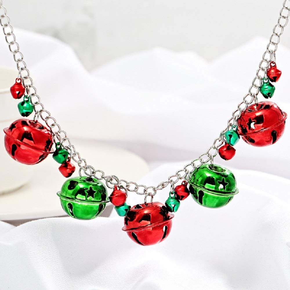 NewZenro Silver Red Green Christmas Jingle Bell Cute Ornament Long Chain Dangle Earrings Bracelets Necklaces for Women Hook Stocking Stuffers Hypoallergenic Party Jewelry Gifts for Daughter BFF Set