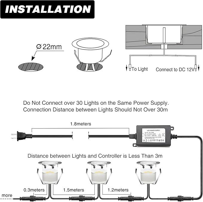 Low Voltage LED Deck Light Kit Stainless Steel Waterproof Recessed Wood Decking Stairs Garden Yard Patio Decor Lamp Outdoor LED Lighting (Blue, 30pcs)