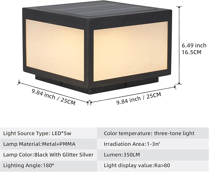 Outdoor Solar Post Light, Solar Column Lights, Pillar Lights LED Fence Deck Cap Lamp for Flat Surface Patio Garden Decoration, Modern Pillar Lamp with IP65 Waterproof Light Source（10"x10"）