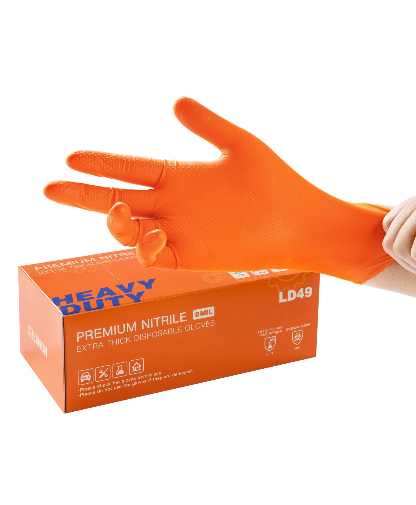 LANON 8-mil Orange Disposable Nitrile Gloves, Mechanic, Heavy Duty, Food Safe, Latex and Powder Free, Fully Diamond Textured, Large(Pack of 100)