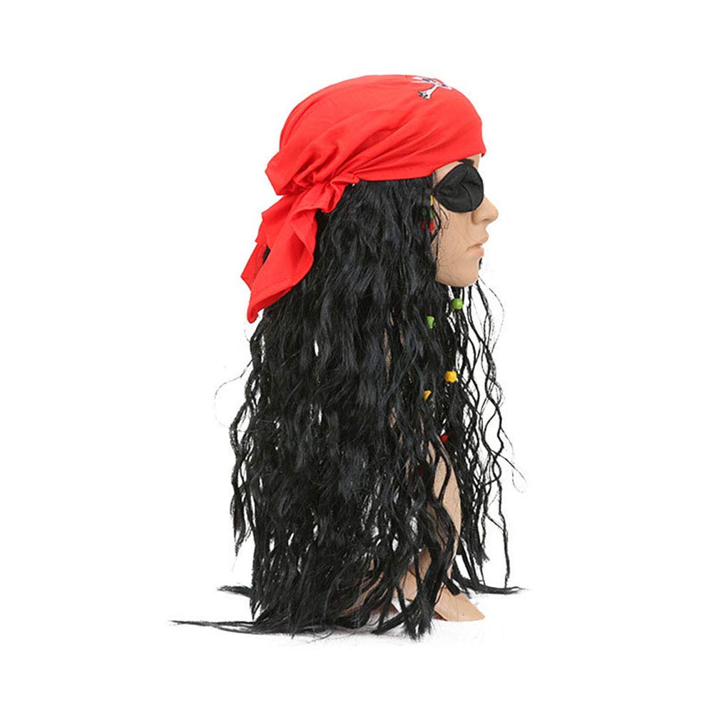 Pirate Wig for Women Men, Pirate Costume Women Men Halloween, Black Hair Wigs with Accessories, Headband Bandana Head Scarf Set, Adult Captain Hat Eye Patch