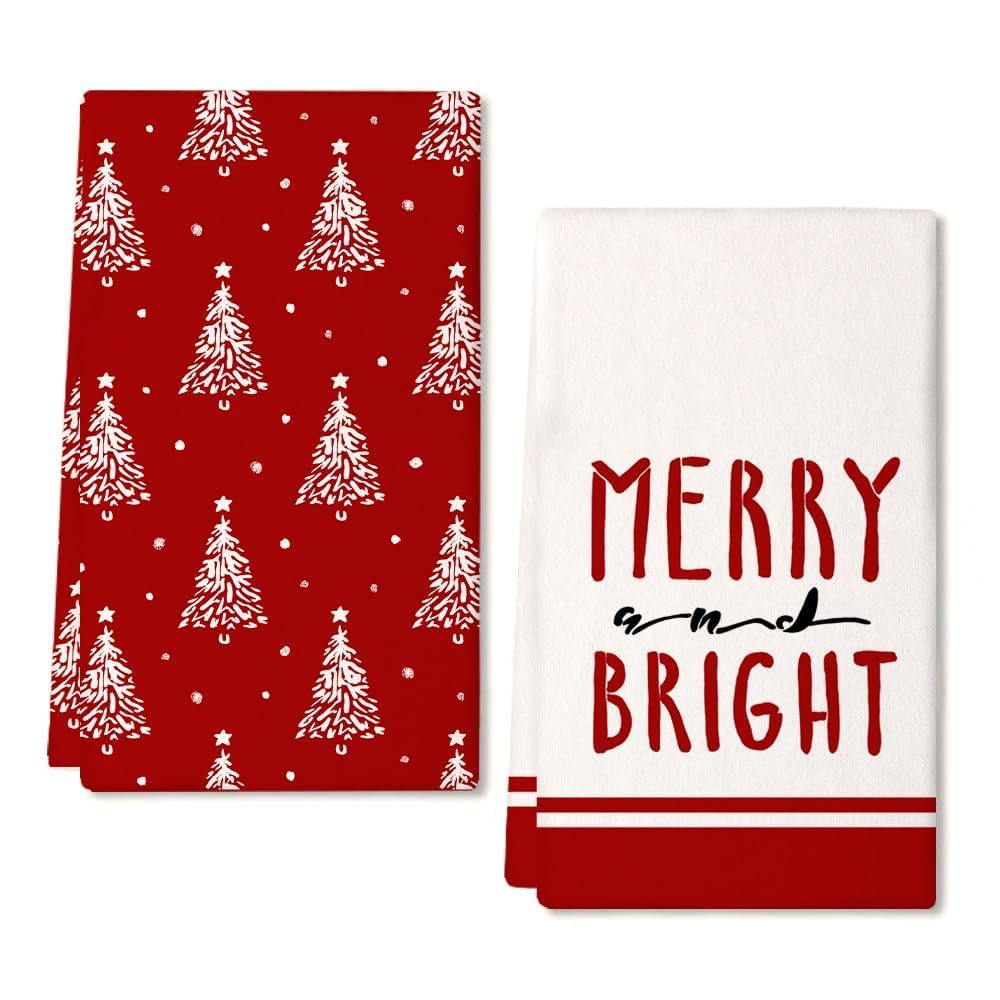 ARKENY Christmas Kitchen Towels Set of 2,Red Xmas Tree Dish Towels 18x26 Inch,Hoilday Farmhouse Home Decoration AD102