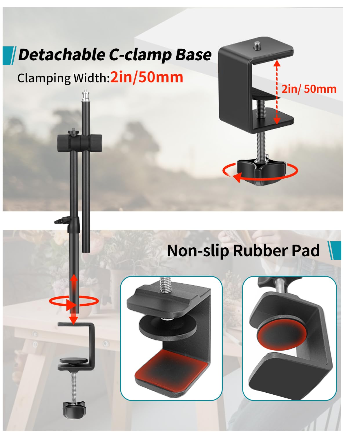 Overhead Camera Mount Desk Stand, Camera Arm Desk Mount Clamp Stand with 360°Adjustable Magic Arm, Webcam Arm Mount Stand w Ballhead Phone Mount for Desk Logitech Microphone Video Light Cell Phone