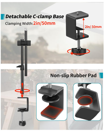 Overhead Camera Mount Desk Stand, Camera Arm Desk Mount Clamp Stand with 360°Adjustable Magic Arm, Webcam Arm Mount Stand w Ballhead Phone Mount for Desk Logitech Microphone Video Light Cell Phone