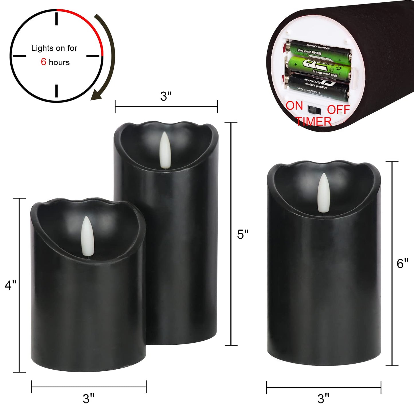 Eldnacele Black Flameless Flickering Candles with 6H Timer, 3D Wick Realistic Battery Operated Real Wax LED Pillar Candles Set of 3 Home Wedding Party Halloween Decoration(D3” x H4”5”6”)
