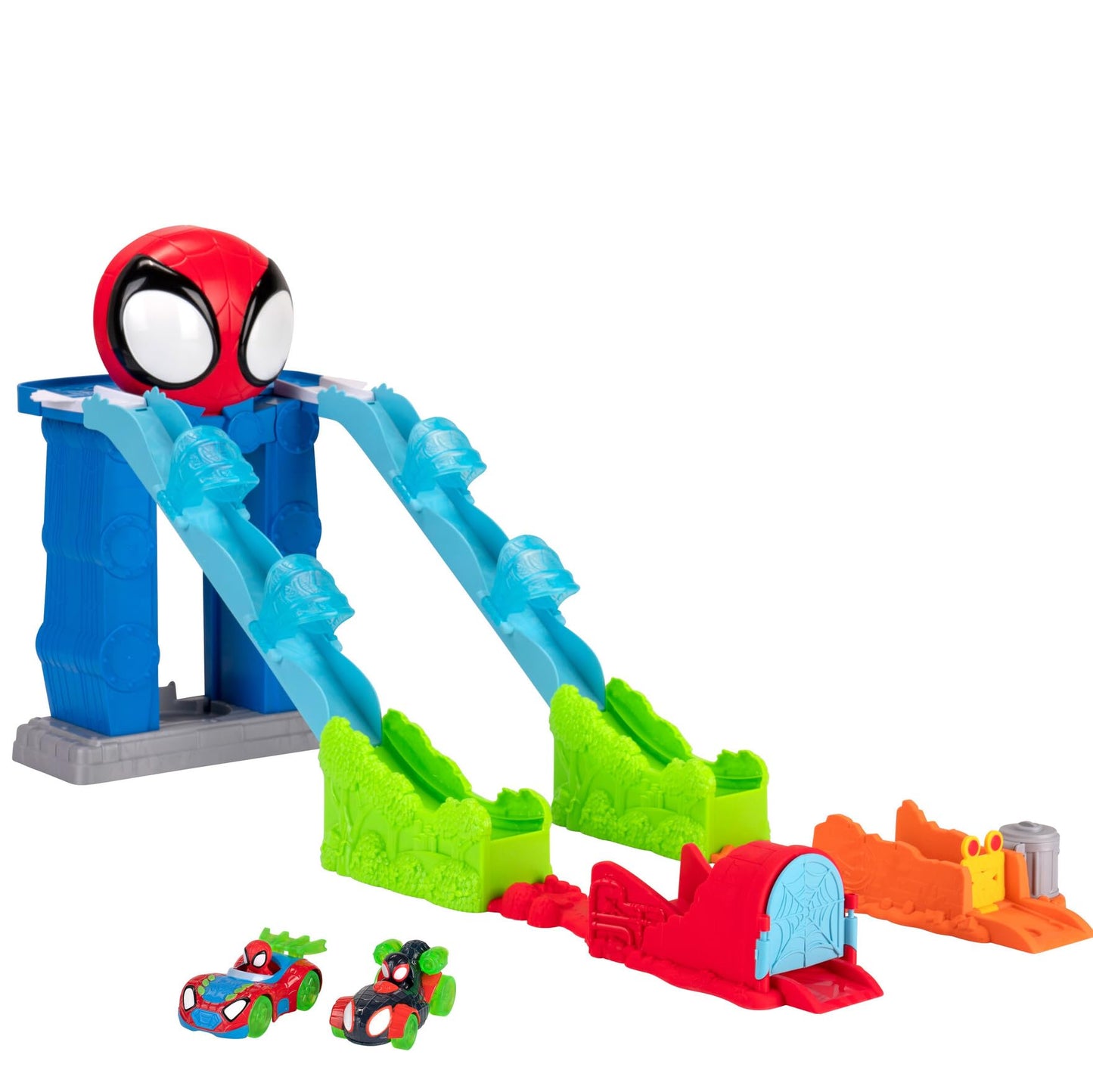 Marvel Spidey and His Amazing Friends Spidey’s Mega Jump HQ Track - 39-Inch Dual Race Track with Elevator, Control Center, Web Tunnels and Two Exclusive Amazing Metals Vehicles