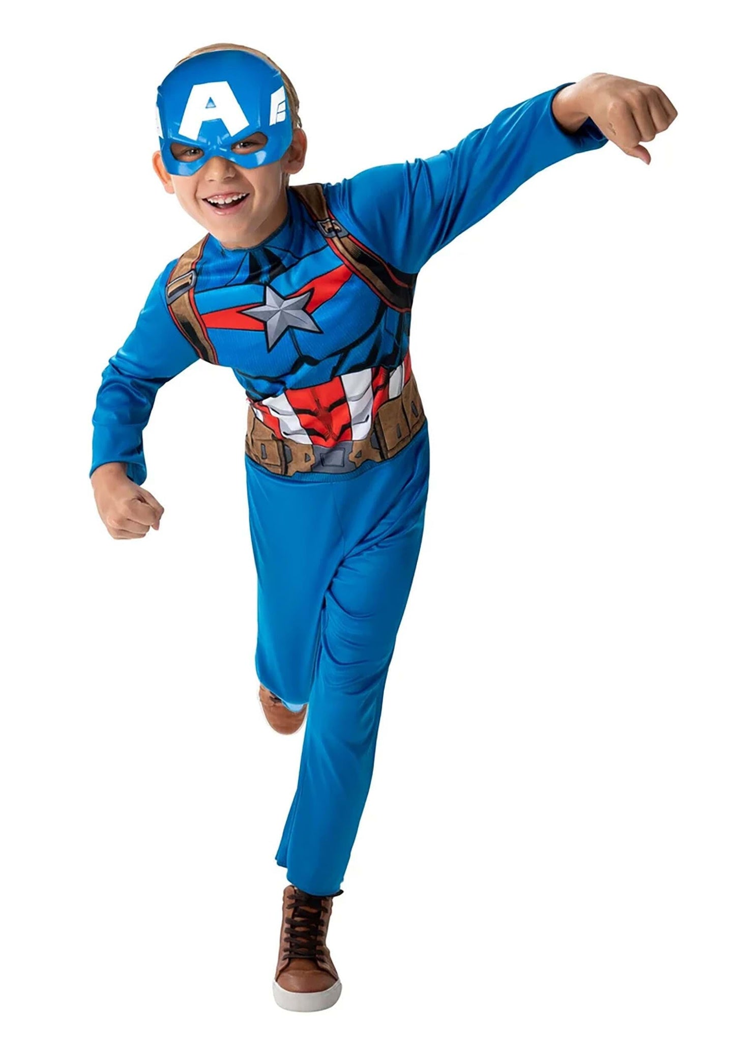 MARVEL Captain America Official Youth Value Costume - Full-Bodied Fabric Jumpsuit with High-Resolution Printed Design and Plastic Half Mask
