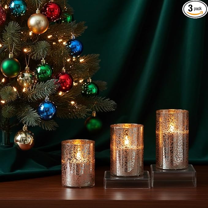 Flameless Silver Mercury Glass LED Pillar Candles with Remote and Timer, Batteries Included, Flickering Warm White Light, Set of 3 for Home Décor, Weddings, Parties, and Romantic Ambiance, Holiday