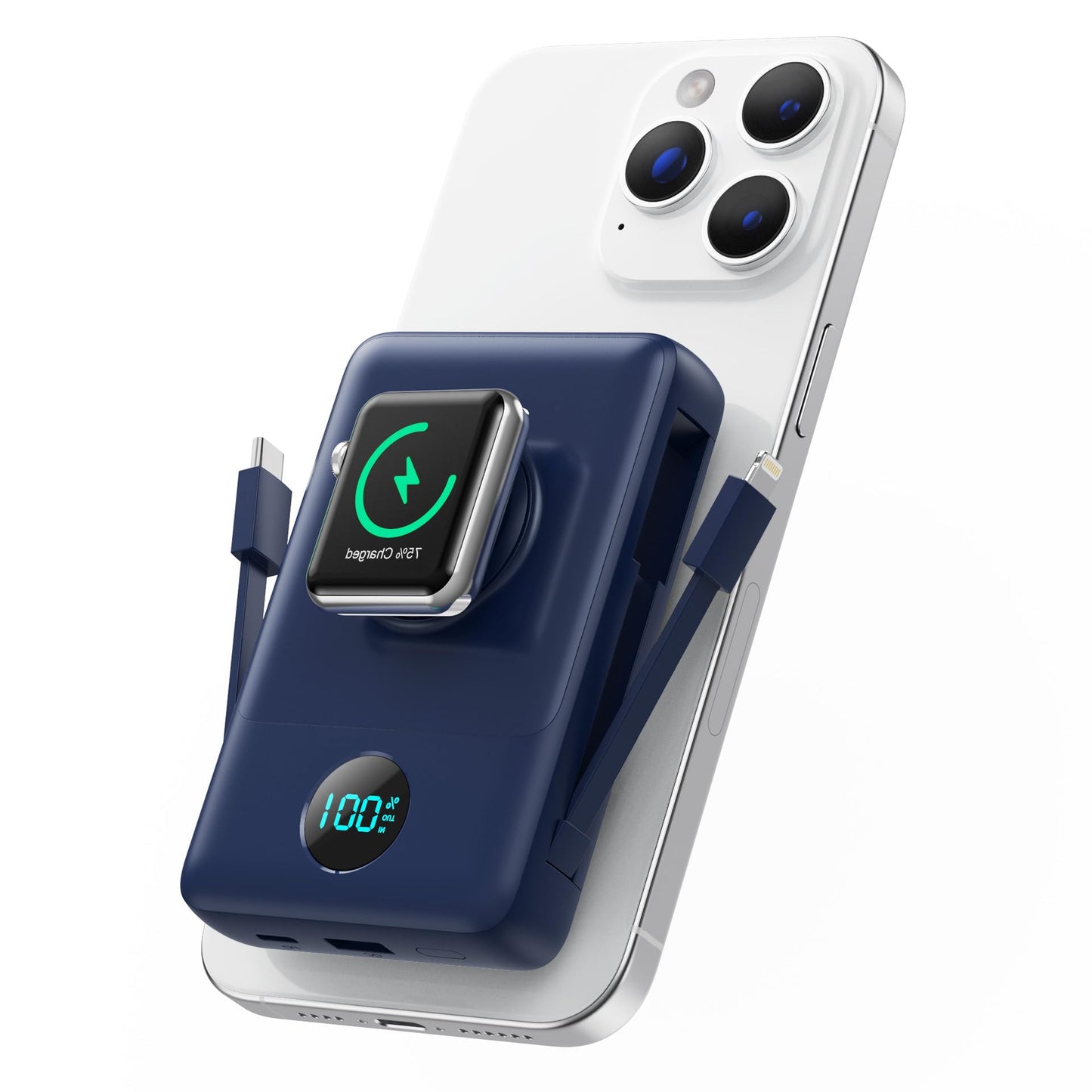 Magnetic Portable Charger for iPhone with Built-in Cables, 6-in-1 10800mAh Power Bank with iWatch Charger & LCD Display,25W PD Fast Charging Battery Pack for Magsafe,iPhone 16/15/14/13/12,Apple Watch