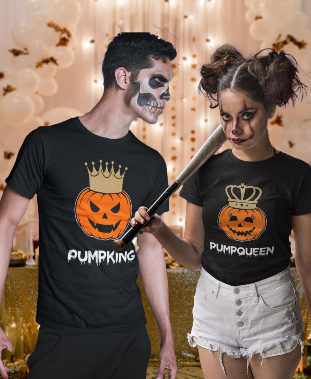 Tstars Pumpking & Pumpqueen Halloween T-Shirt Set - His and Hers Matching Outfit for Couples, Husband Wife PumpKing Black Large/PumpQueen Black Medium