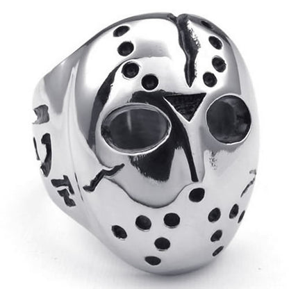 jonline24h Polished Stainless Steel Men's Ring, Halloween Jason Mask Band, Silver Black(12)