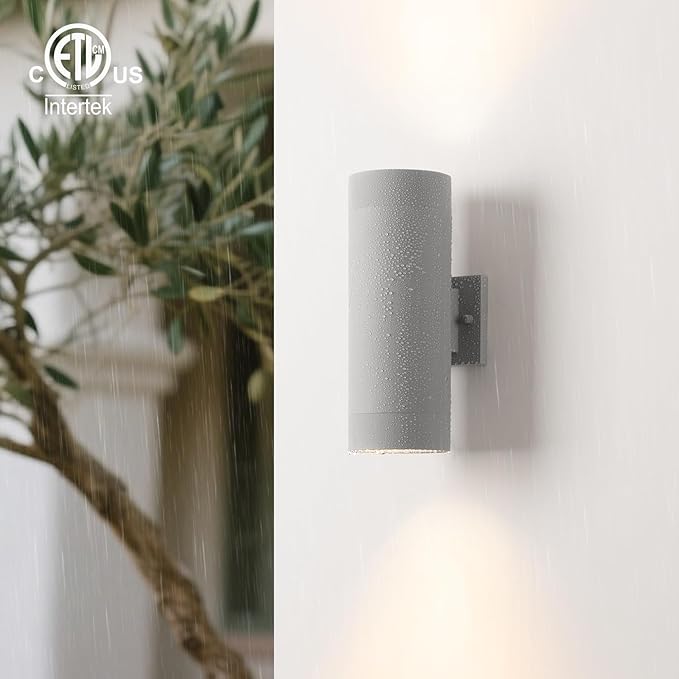 mirrea Modern Outdoor Porch Light Patio Light in 2 Lights with Aluminum Cylinder and Tempered Glass Cover Waterproof Wall Sconce 2 Pack (Metallic Gray)