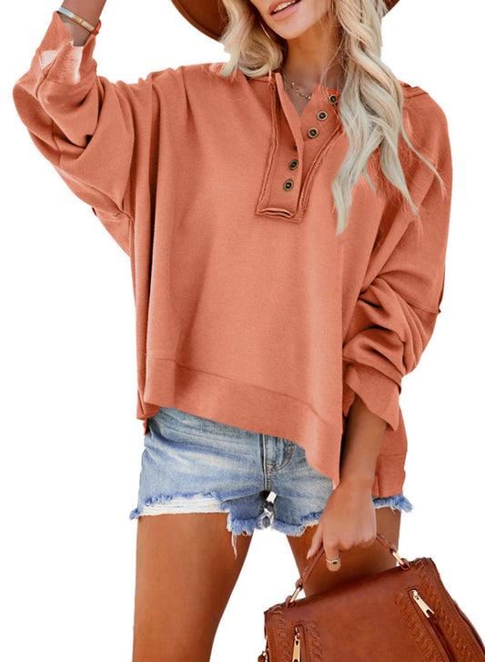Dokotoo Womens V Neck Hoodies Loose Cropped Long Sleeve Shirts for Women Fashion Button Down Halloween Sweatshirts Orange Large