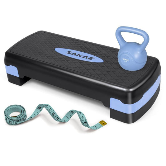 Blue Black Exercise Step Platform Set with Kettlebell & Measuring Tape, Adjustable Height 2 Level Risers Workout Step Trainer, Aerobic Steppers for Home Gym Exercise Fitness Workout