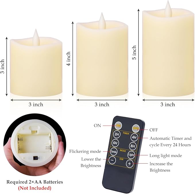Realistic Flickering LED Flameless Candles with Timer - 3-Pack Battery-Powered Ivory Pillar Candles | Melt-Proof Plastic | Safe for Indoor/Outdoor Wedding, Birthday & Home Decor (3/4/5in Sizes)