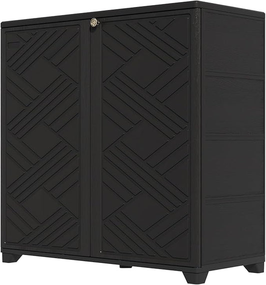 HOMSPARK Indoor/Outdoor Storage Cabinet with Doors, 34”x15”x34” HDPE Plastic Storage Box for Bedroom, Bathroom, Living Room, Balcony, Multi-Purpose for Daily Tools, Black