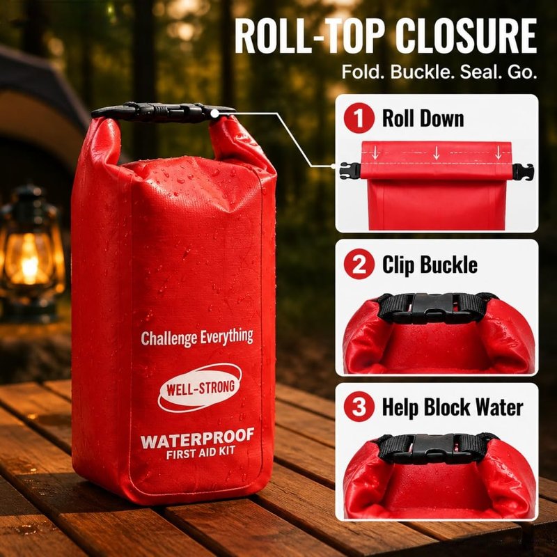 WELL-STRONG Waterproof First Aid Kit Roll Top Boat Emergency Kit with Waterproof Contents for Fishing Kayaking Boating Swimming Camping Rafting Beach Red