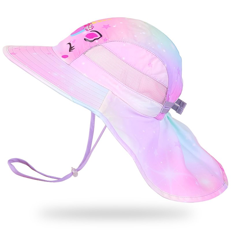 Kids Sun Hat UV Protection Summer Beach Play Hats Wide Brim Neck Flap for Girls Boys 2-9 Years, Pastel Pink Yellow