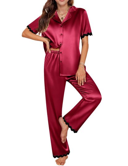 Ekouaer Womens Silk Satin Pajamas Set Button Down 2 Piece Pjs Short Sleeve Long Pants Sleepwear Lounge Set, Wine Red, XL