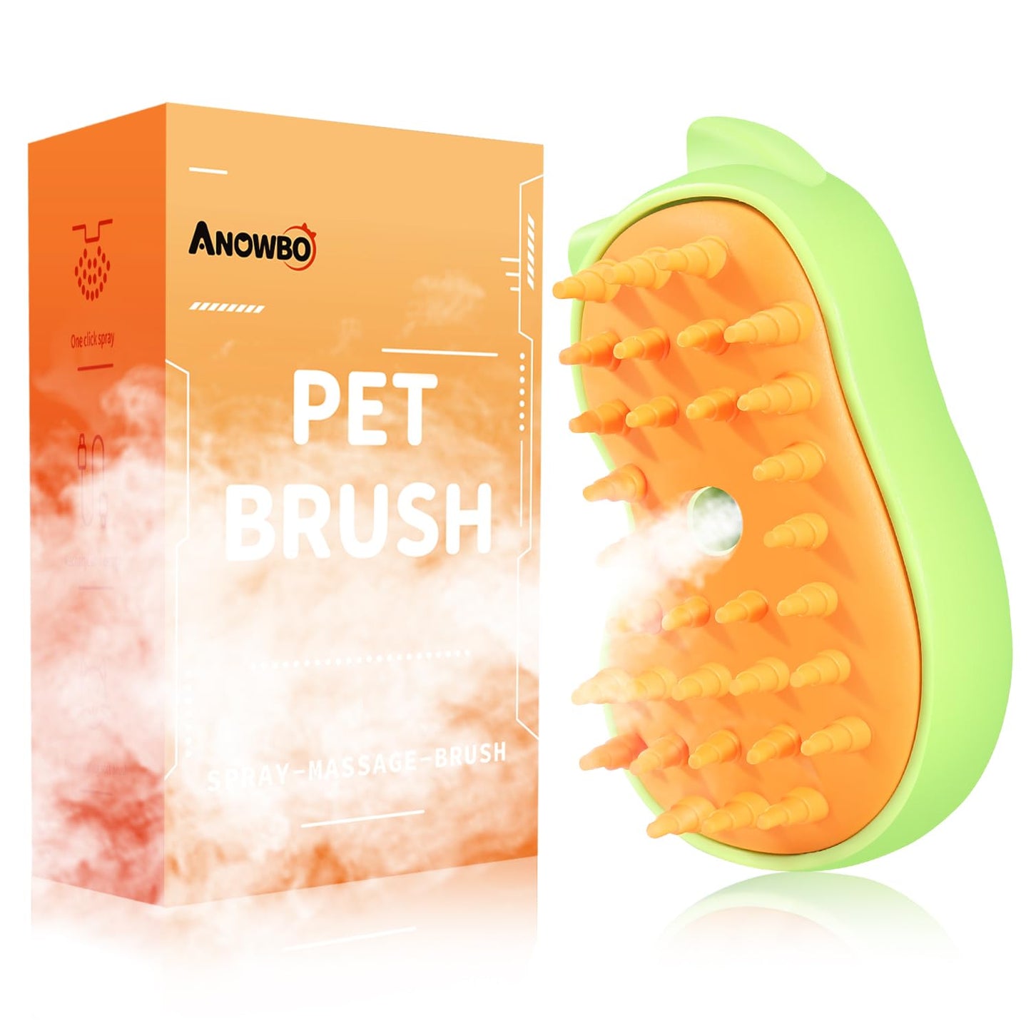 Anowbo Rechargeable 3in1 Self-Cleaning Steam Grooming Brush for Cat and Dog Shedding - 2 Gears for Long/Short Hair - Green