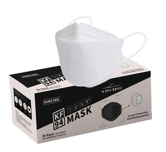 HINCINK KF94 Face Masks, 30 Pack Individually Wrapped, 4-Ply Breathable & Comfortable Safety Mask, Black Protective Cup Dust Masks Unisex Outdoor Safety Protection for Adult (30, White)