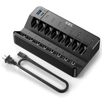 EBL 8 Bay Fast Rechargeable Battery Charger for AA AAA Ni-MH Ni-CD Batteries with PD 20W USB C and USB A Output Port