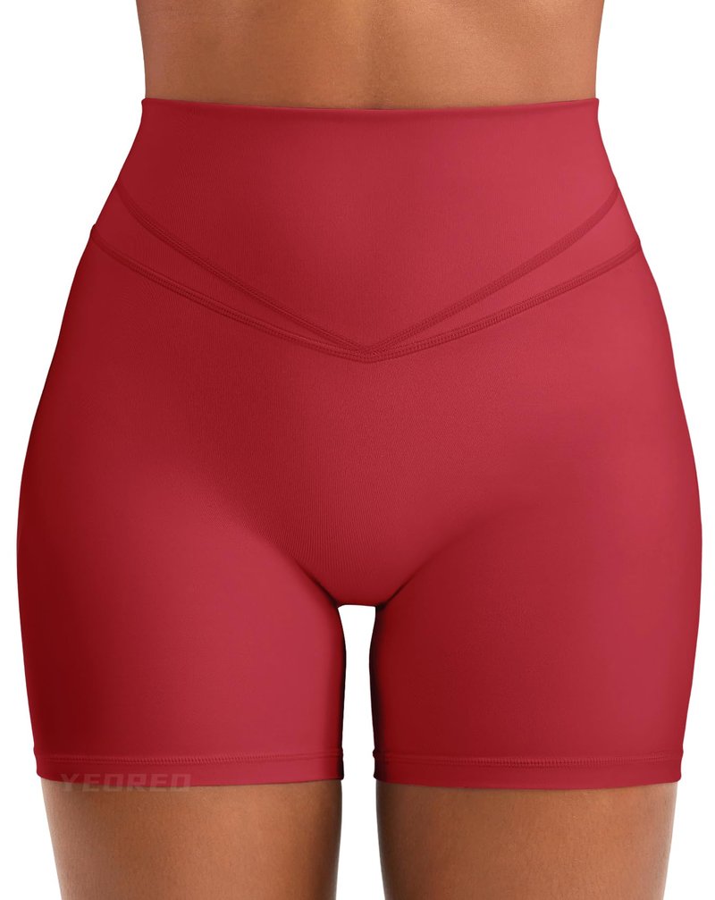YEOREO Women Workout Yoga Shorts 4.5" No Front Seam Hidden Scrunch Almiy High Rise Buttery Biker Shorts Red S
