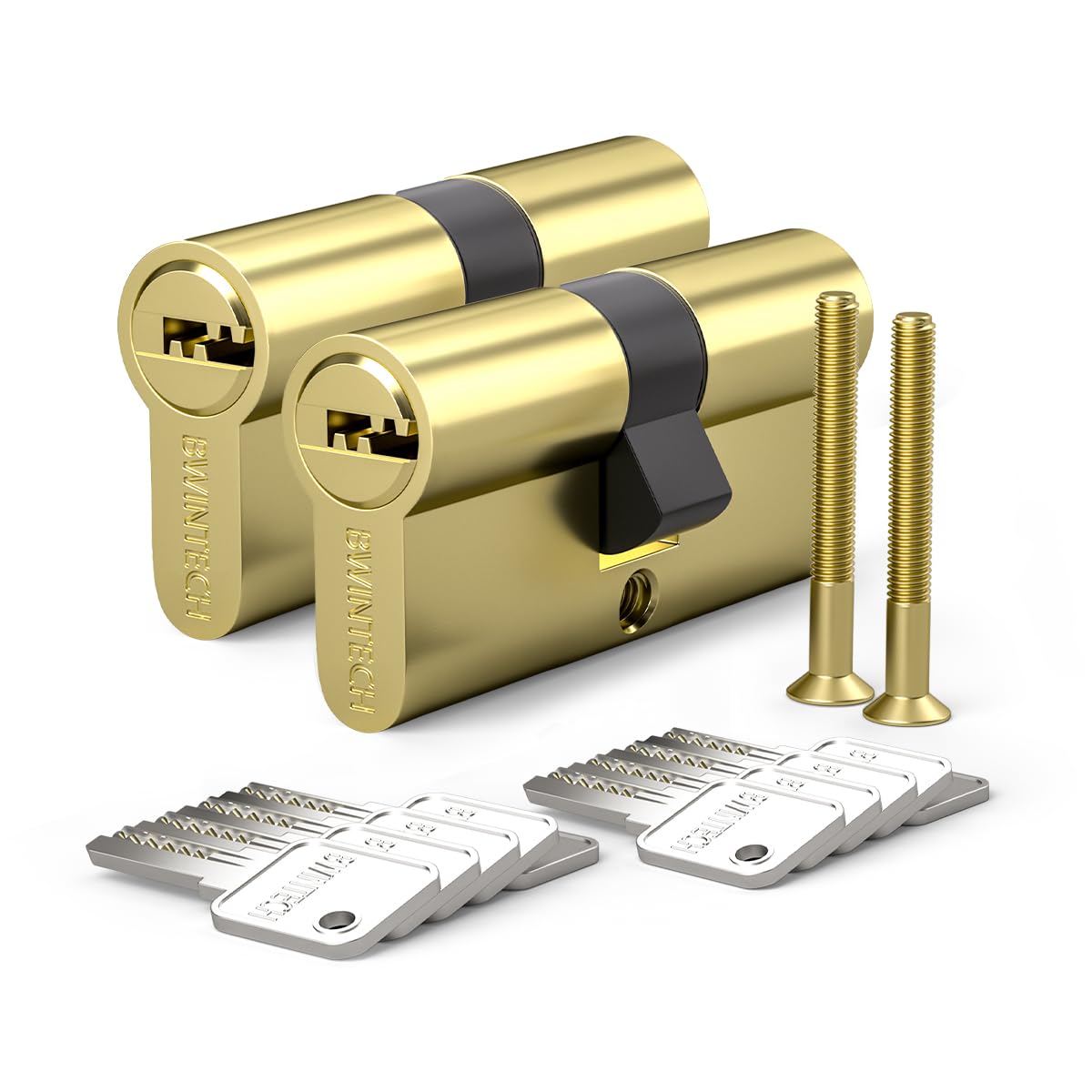 Bwintech Keyed Alike 30/30 mm Euro Brass Cylinder, 60 mm Key/Key Cylinder Lock with 10 Horizontal Brass Keys, Anti Picking, Anti Drill, Anti Bumping, Polished Brass Finish