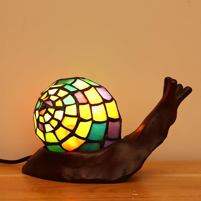 Tiffany Style Colorful Snail Accent Table Lamp Handmade Stained Glass Shade Night Light for Kids with 3 Color Temperatures LED Bulb - Ideal Gift for Home Decor(8" D x 5" W x 5" H)