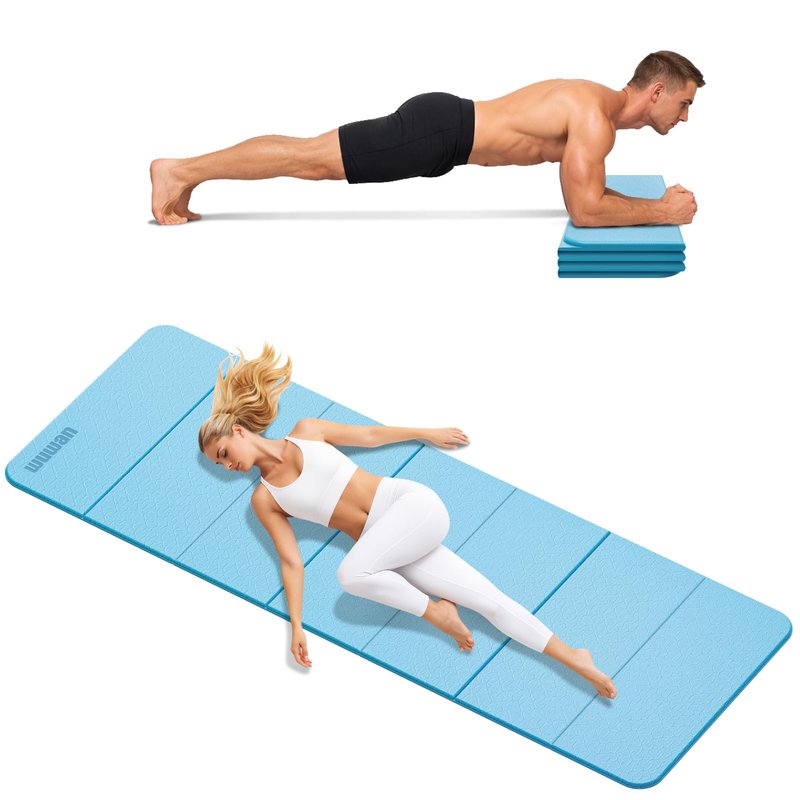 Folding Yoga Mat Extra Thick 0.4 Inch, Foldable Yoga Mat 75 x 26 Inches, TPE Exercise Mat, 7-Panel Non Slip Cushioned Fitness Mat for Yoga, Pilates, Stretching, Home Workout (Blue)
