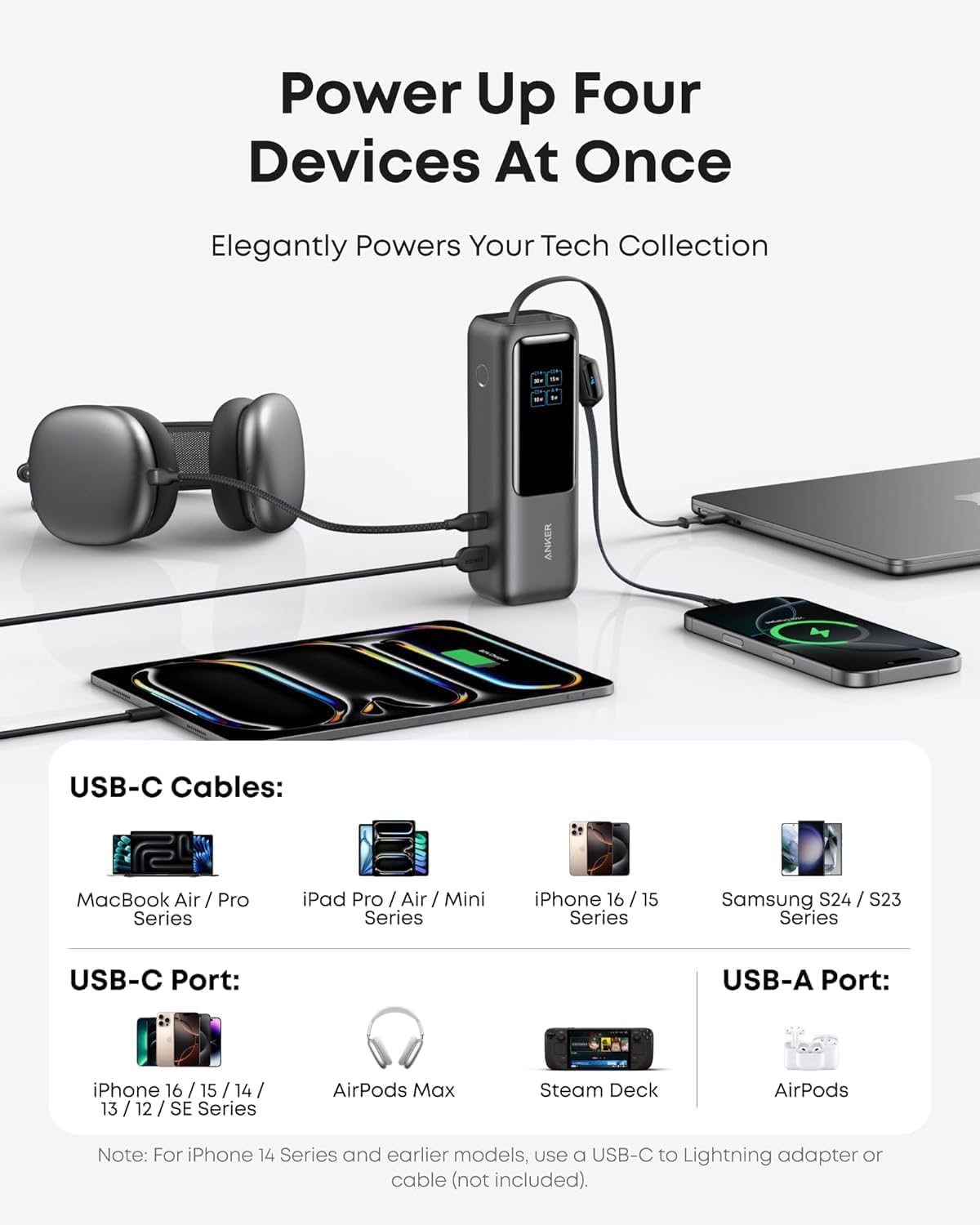 Anker Laptop Power Bank, 25,000mAh Portable Charger with Triple 100W USB-C Ports for Multi-Device Charging, Built-In and Retractable Cables, For iPhone 17/16/15 Series, Samsung, and More
