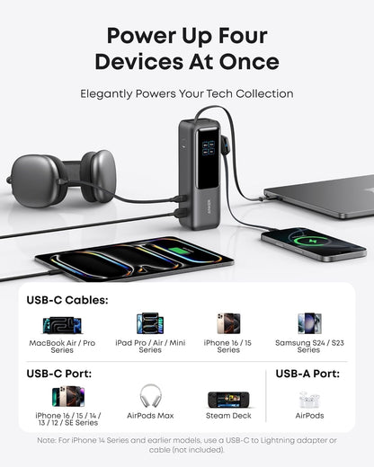 Anker Laptop Power Bank, 25,000mAh Portable Charger with Triple 100W USB-C Ports for Multi-Device Charging, Built-In and Retractable Cables, For iPhone 17/16/15 Series, Samsung, and More