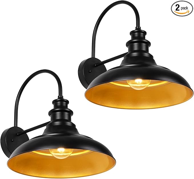 Outdoor Barn Light Fixtures, 16 Inch Large Dome Farmhouse Exterior Wall Mount Lights, Rustic Gooseneck Wall Sconces Indoor Wall Lighting, Industrial Black Gold Lanterns for Porch, Garage, 2 Pack