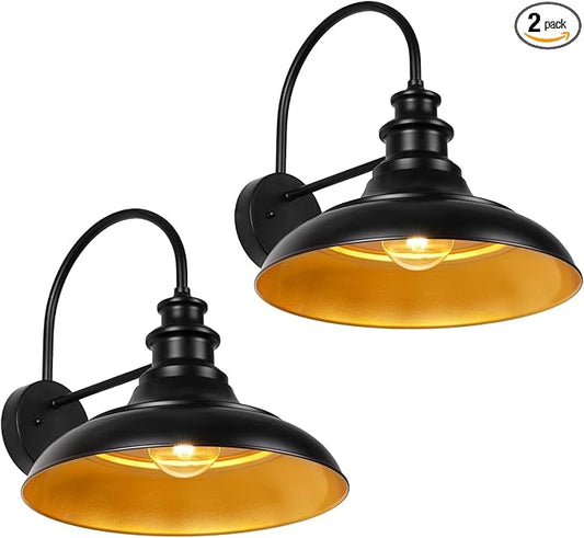 Outdoor Barn Light Fixtures, 16 Inch Large Dome Farmhouse Exterior Wall Mount Lights, Rustic Gooseneck Wall Sconces Indoor Wall Lighting, Industrial Black Gold Lanterns for Porch, Garage, 2 Pack