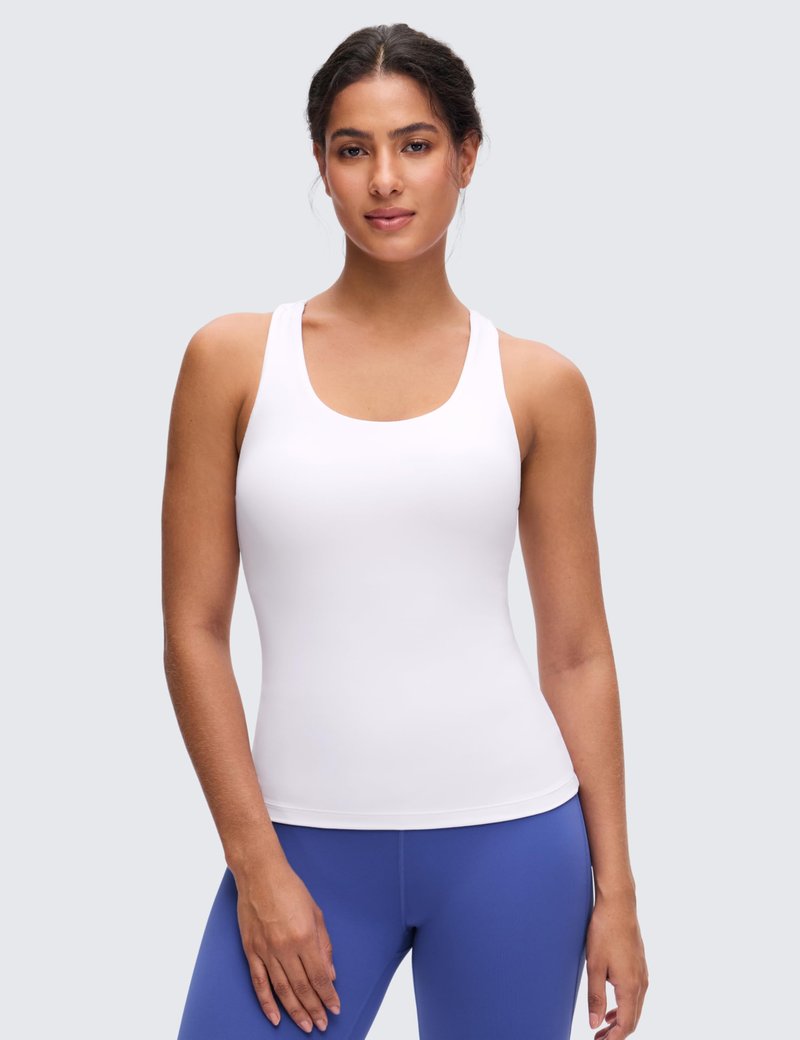 CRZ YOGA Butterluxe Workout Racerback Tank Tops for Women - Padded Athletic Spandex Yoga Shirts with Built in Bra White Large