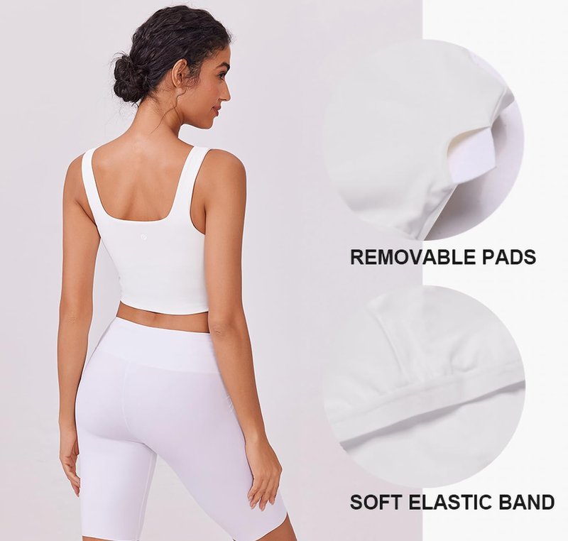 PINSPARK White Sports Bras for Women Wirefree Padded Tank Tops Square Neck Sport Bra Longline Yoga Tops Workout Crop Tank Built in Bra Light Support Medium,White