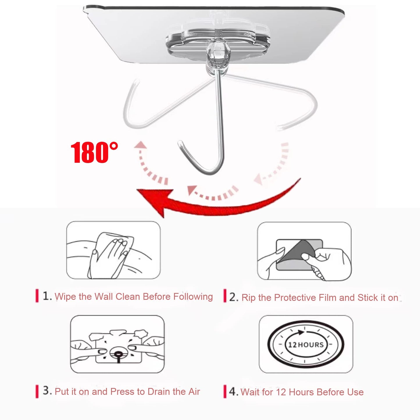 DDMY 24 Packs Hooks for Hanging 50lb Wall Hooks Transparent Reusable Waterproof Adhesive Hook for Kitchen Curtain, Towel Hook for Bathrooms, Heavy Duty Self Coat Hook for Walls No Damage