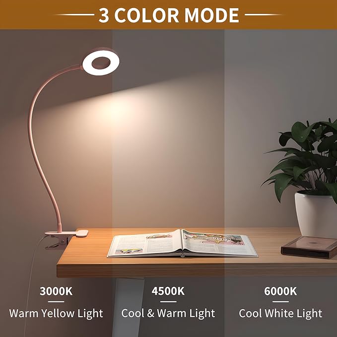 iZELL Desk Lamp, LED Reading Light with Clamp, 3 Color Modes & 10 Brightness Flexible Gooseneck Book Light for Kids Reading Book in Bed at Night Clip on Table, Computer, Zoom Meetings - 27.6‘’ Pink