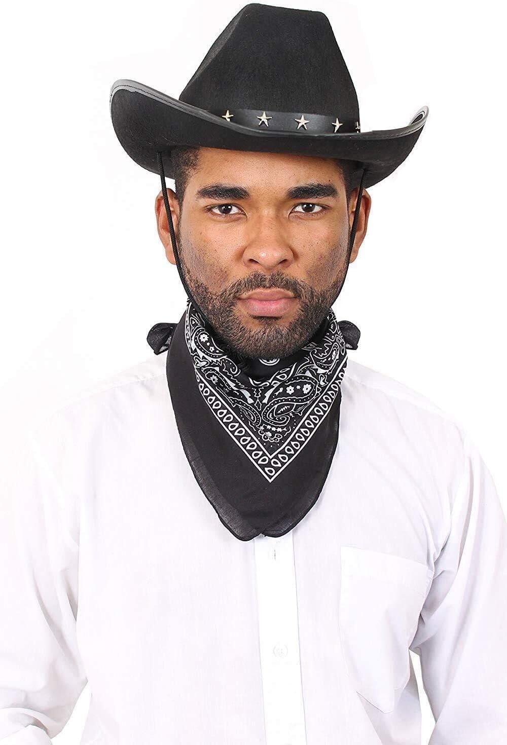 I LOVE FANCY DRESS LTD Cowboy Hat & Cowboy Neckscarf Accessories. Black Star-studded Cowboy Hat & White Bandana. Wild West Western Sheriff. Pack of: 1 | Bandana Colour: Black
