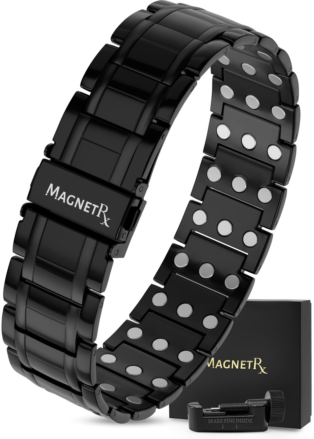 MagnetRX® 3X Strength Magnetic Bracelets for Men - Effective Titanium Magnetic Bracelet Men - Premium Fold-over Clasp & Adjustable Length with Sizing Tool & Gift Box (Black)